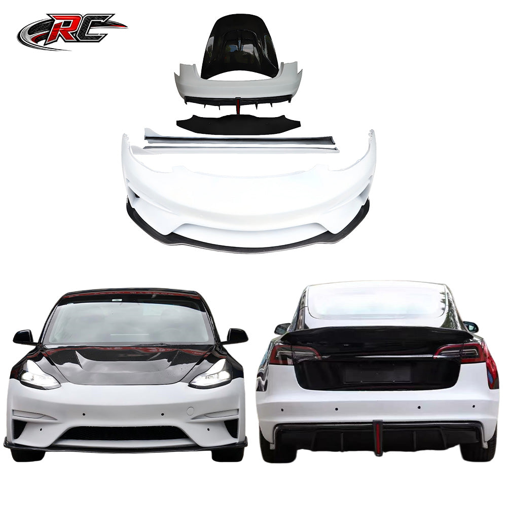 For Tesla Model 3 Resin Body Kit with Front and Rear Bumpers, Side Skirts, Hood and Spoiler