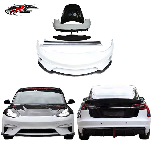 For Tesla Model 3 Resin Body Kit with Front and Rear Bumpers, Side Skirts, Hood and Spoiler